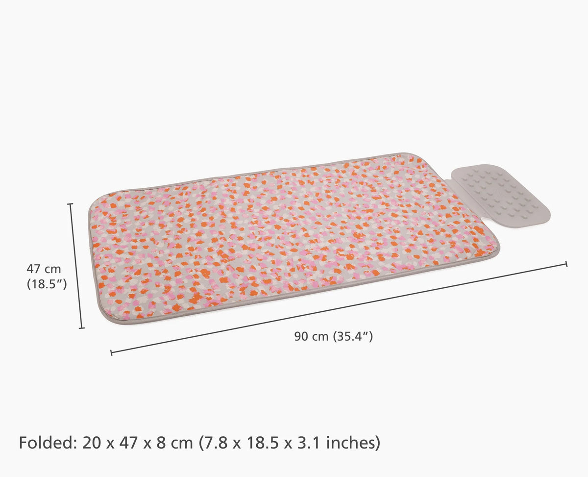 Joseph Swift ironing and steaming mat in peach blossom pattern with silicone iron rest and dimensions shown