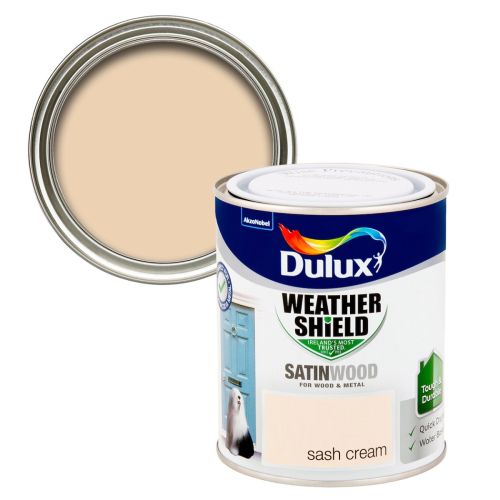 Dulux Weathershield Satinwood Sash Cream 750ml, quick-dry, durable exterior paint for wood & metal, Keans Claremorris.