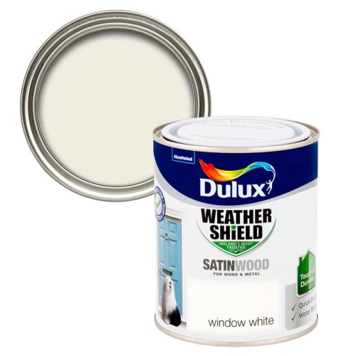Dulux Weathershield Satinwood Window White 750ml, quick-dry, durable exterior paint for wood & metal, Keans Claremorris.