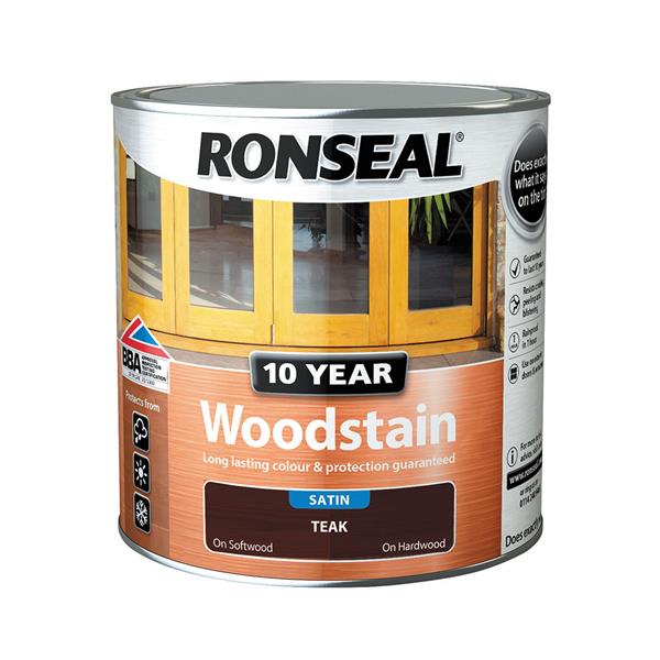 Ronseal 10yr Teak Woodstain 2.5L, satin finish, water-based exterior protection, up to 6m²/L – Keans Claremorris