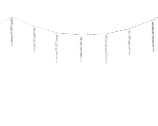 LED icicle lights with seven cool white hanging strands on a thin wire against a white background.