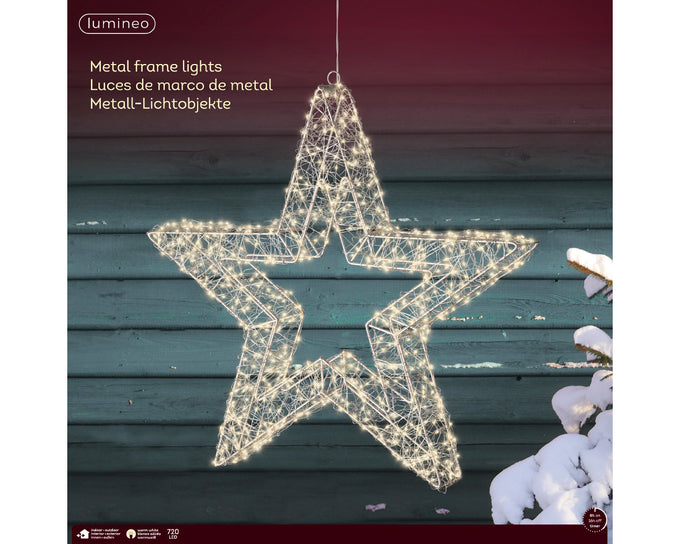 720L Metal Star Micro LED Frame Light, Warm White, Silver Frame, 58cm – Outdoor Decor by Keans Claremorris