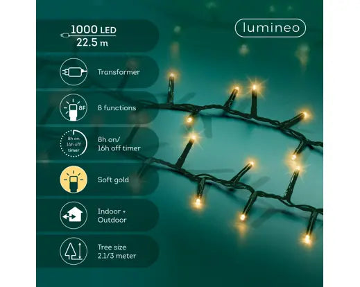 LED Compact Lights  8 Function Twinkle Effect Outdoor, Green Cable/Soft Gold L.2250cm 1000l - Image 2