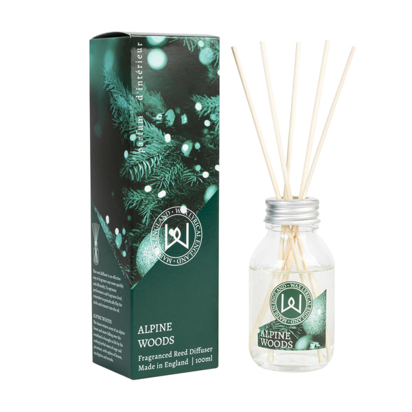 Wax Lyrical Alpine Woods Reed Diffuser with Bergamot, Lavender, Vetiver & Cedarwood scents – available at Keans Claremorris.