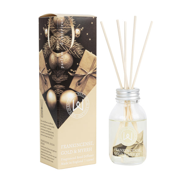Wax Lyrical Frankincense Gold & Myrrh Reed Diffuser with warm woody scent, natural reeds, long-lasting fragrance – Keans
