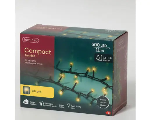 LED Compact Lights  8 Function Twinkle Effect Outdoor, Green Cable/Soft Gold L.1100cm 500L - Image 2