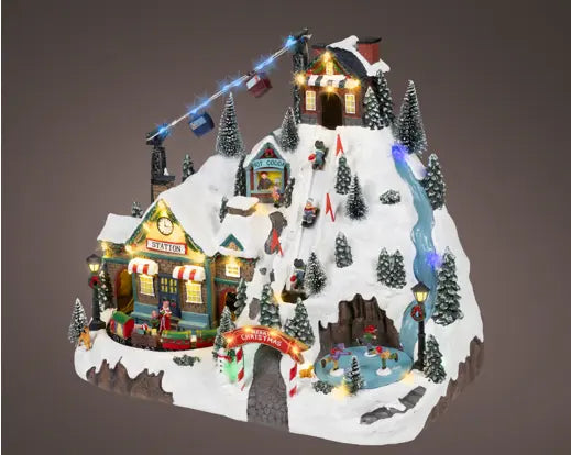 LED Animated Ski Resort Scene with Cable Cars & Music L.48 x W.28.5 x H.35.5cm - Image 1
