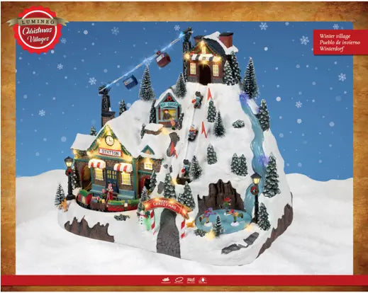 LED animated ski resort scene with snow-covered mountain, cable cars, lit buildings, and music features.