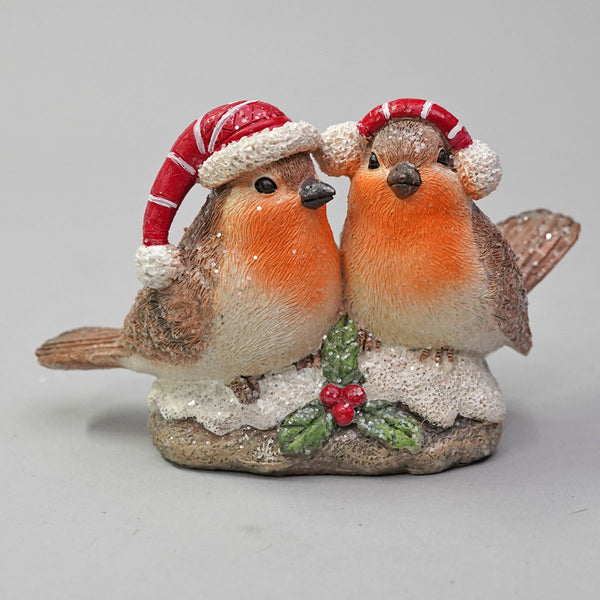 Robin Couple on Branch with Christmas Hats –  10 cm