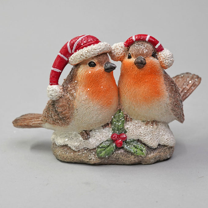 Robin Couple on Branch with Christmas Hats –  10 cm - Image 1