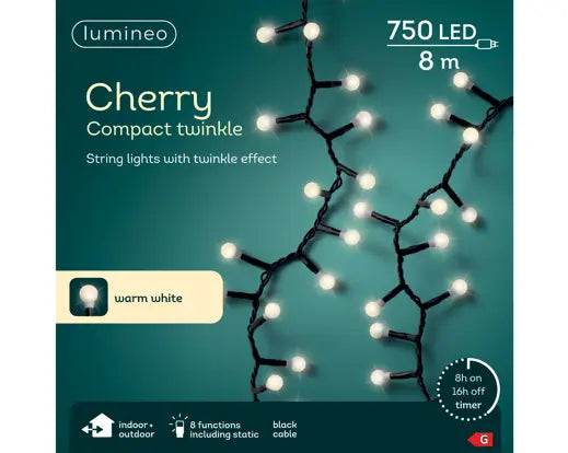 LED White Cherry Lights Black Cable/Warm White L.1600cm 750l - Image 2