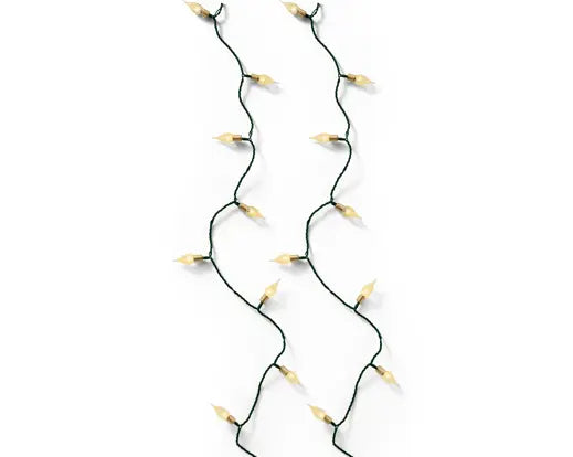 Two strands of LED vintage lights with soft gold bulbs on a green cable against a white background.