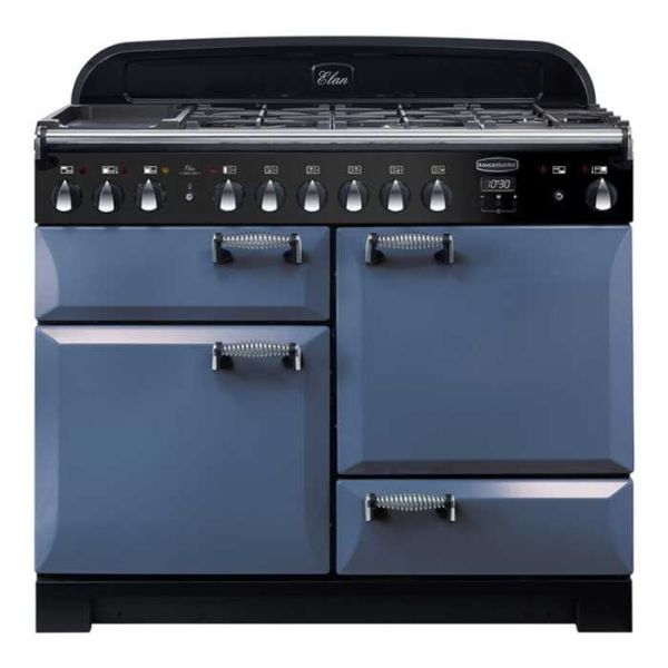 Rangemaster Elan 110cm dual fuel range cooker in blue with multiple ovens and gas burners on top