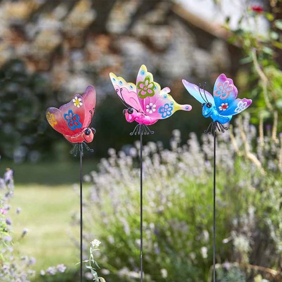 Colorful handpainted Butterfly Barmy Stake, ornamental garden decoration for flowerbeds and pots, 77.5cm - Keans Claremorris