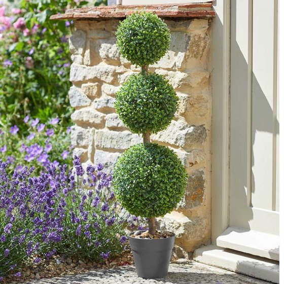 Trio Topiary Tree 80cm with three green ball shapes in a black pot, placed outdoors by a stone wall and flowers.