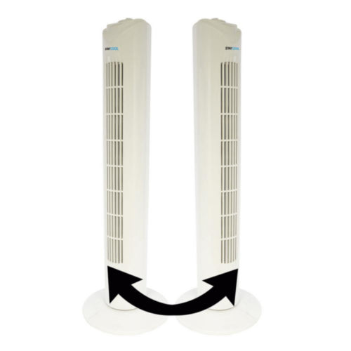 Lloytron 32'' 45W tower fan in white shown with arrows indicating oscillation feature.