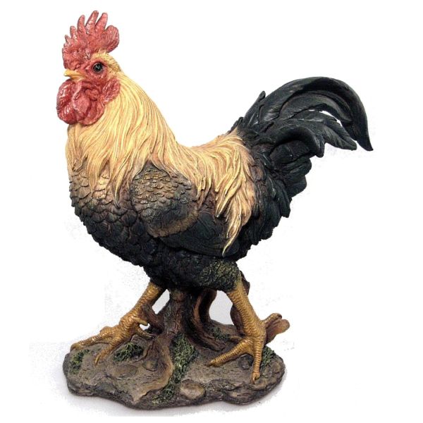 Real Life Cockerel B resin ornament, hand-painted, UV stable, frost resistant, indoor/outdoor decor by Keans Claremorris.
