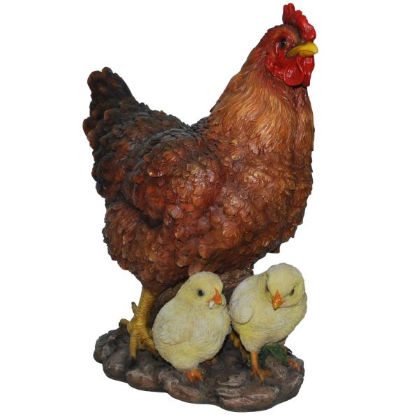 Realistic hand-painted resin hen with chicks, UV stable, frost resistant garden ornament by Keans Claremorris.