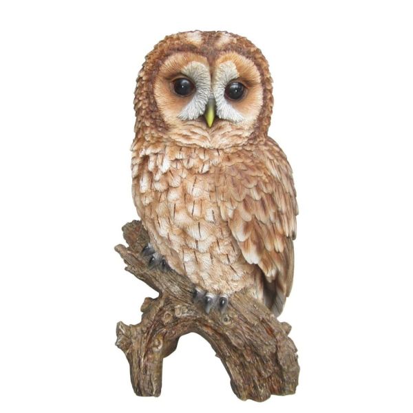 Realistic hand-painted Tawny Owl resin ornament, UV stable, frost resistant, indoor/outdoor, 31.5cm tall – Keans Claremorris.