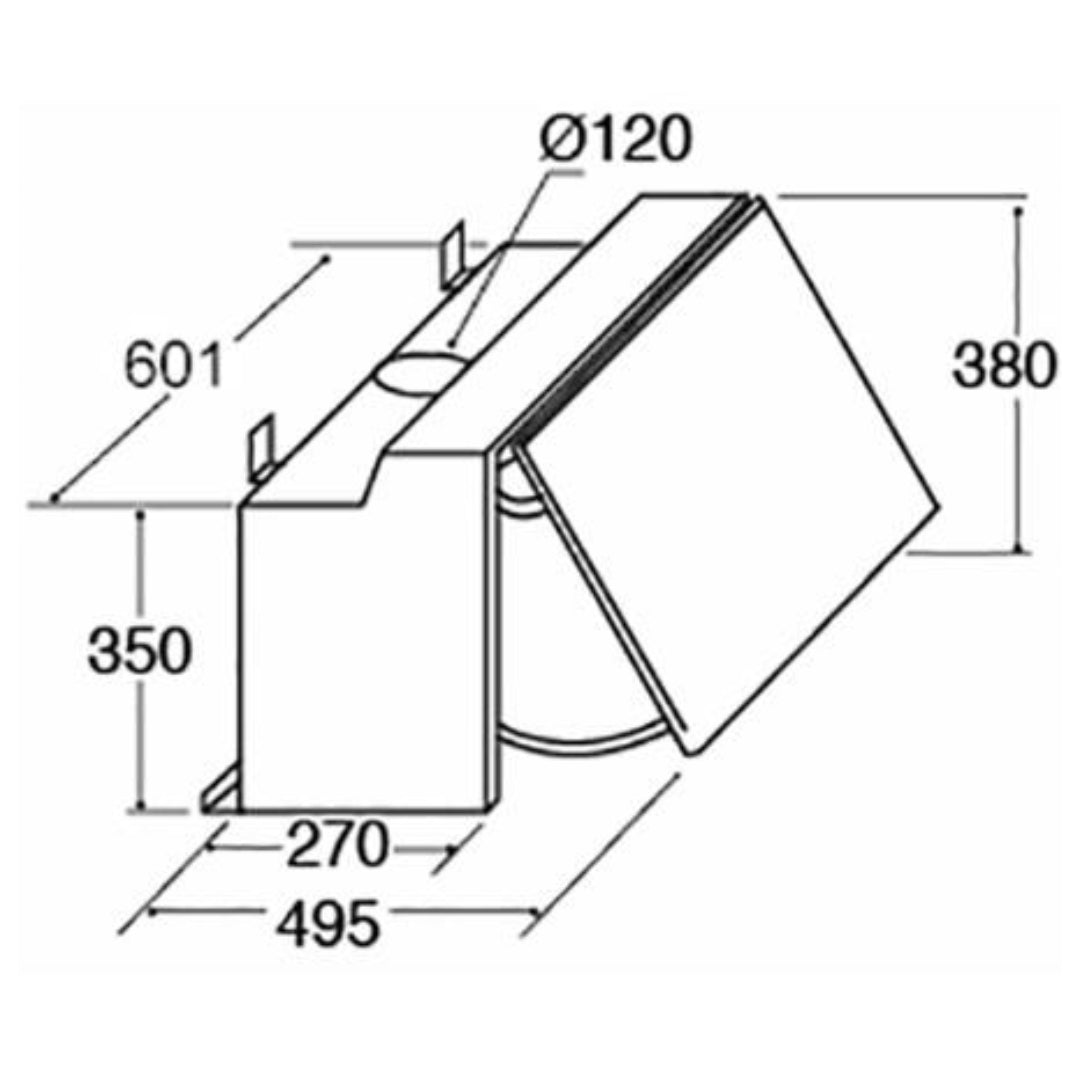 Technical drawing of CDA 60cm pull out extractor cookerhood with detailed dimensions and vent diameter.