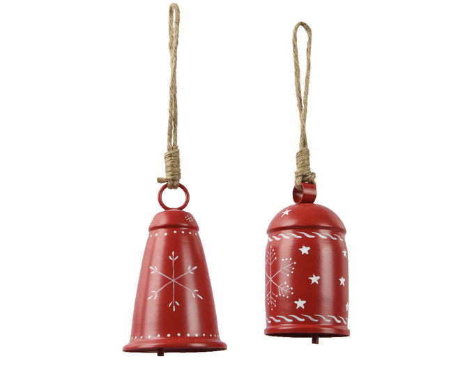 Red Bell Hanging Decoration with Snowflake Print, 25cm diameter, iron, sold singly - Keans Claremorris