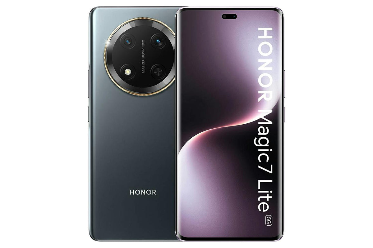 HONOR Magic 7 Lite 5G smartphone in titanium black, front and back view with curved screen and circular triple camera module