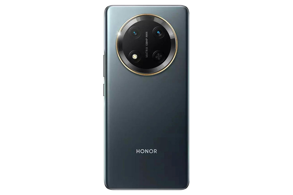 Honor Magic 7 Lite 8 smartphone in Titanium Black, rear view showing circular camera module with four lenses.