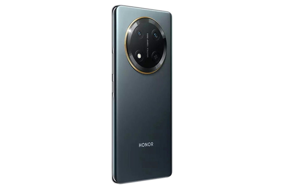 Honor Magic 7 Lite 8 smartphone in titanium black, rear view showing circular camera module and side buttons.