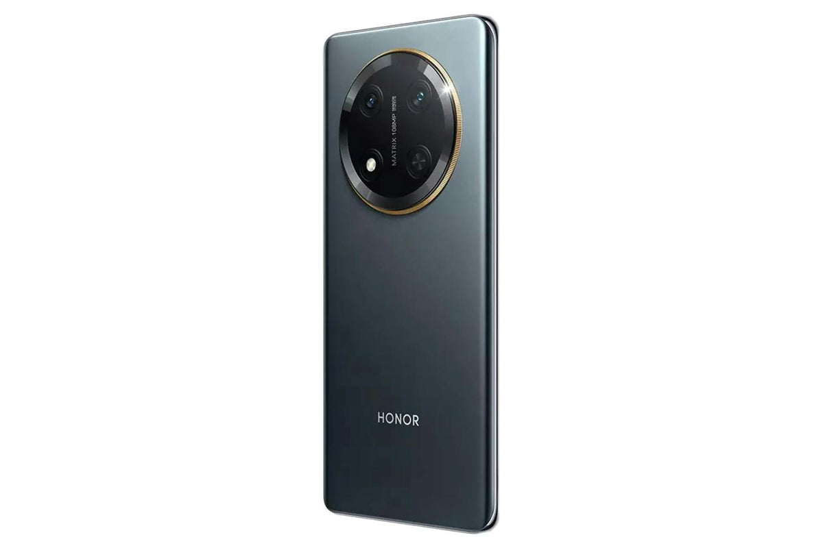 Honor Magic 7 Lite 8 smartphone in Titanium Black showing rear triple camera and HONOR logo