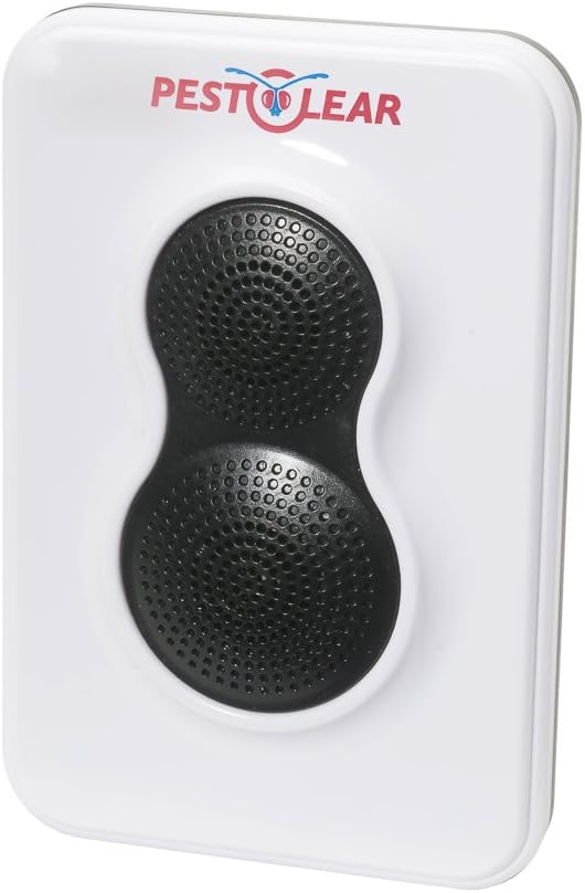 Pestclear Slimeline 4000sq ultrasonic pest repeller with white body and two black speaker grills on front