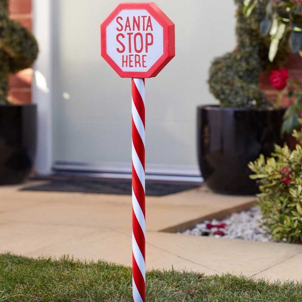 Santa Stop Here sign, battery operated holiday decoration, festive Christmas decor, available at Keans Claremorris