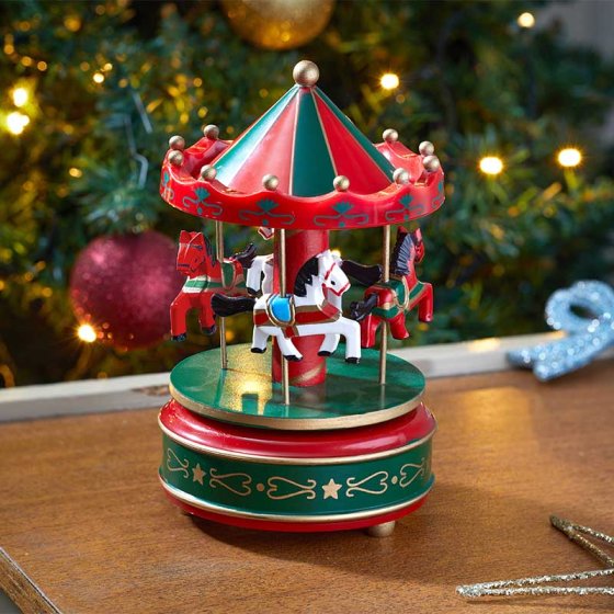 Hand-painted 18 cm musical carousel with wind-up rotation, festive design, perfect Christmas décor – Keans Claremorris