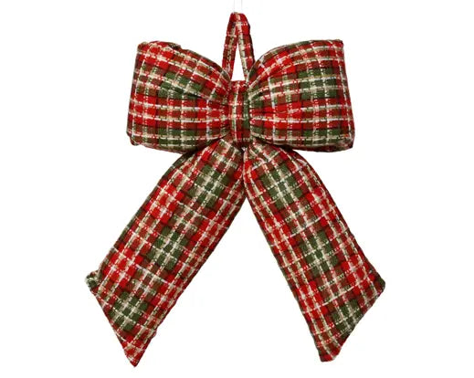 A fabric Christmas bow with a red, green, and white plaid pattern, isolated on a white background.