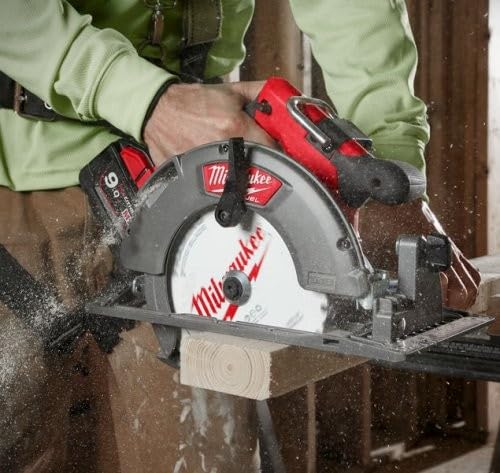 Milwaukee circular saw with a blade cutting through a wooden beam, showing sawdust in motion.