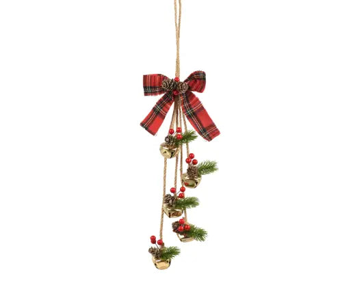 Christmas Gold Bell Hanging Decoration – Tartan Bow | 34cm - Image 1