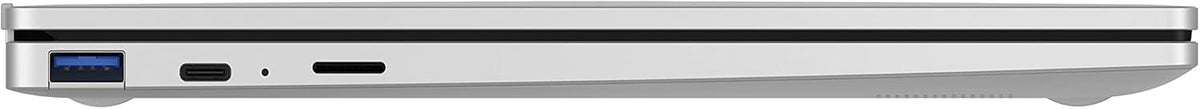 Side view of closed silver Samsung Chromebook Go 11.6 inch showing USB and card ports.