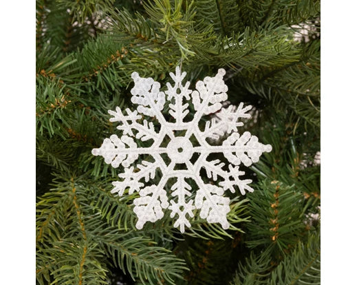 White glitter snowflake decoration hanging on a green Christmas tree branch, 10cm diameter.
