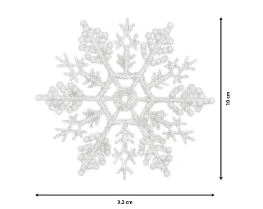 White glitter snowflake decoration with intricate design, measuring 10 cm in height on a white background.