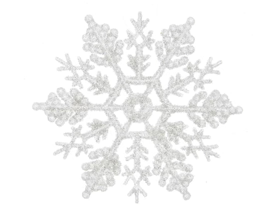 Single glittery white snowflake decoration with intricate symmetrical design on a white background