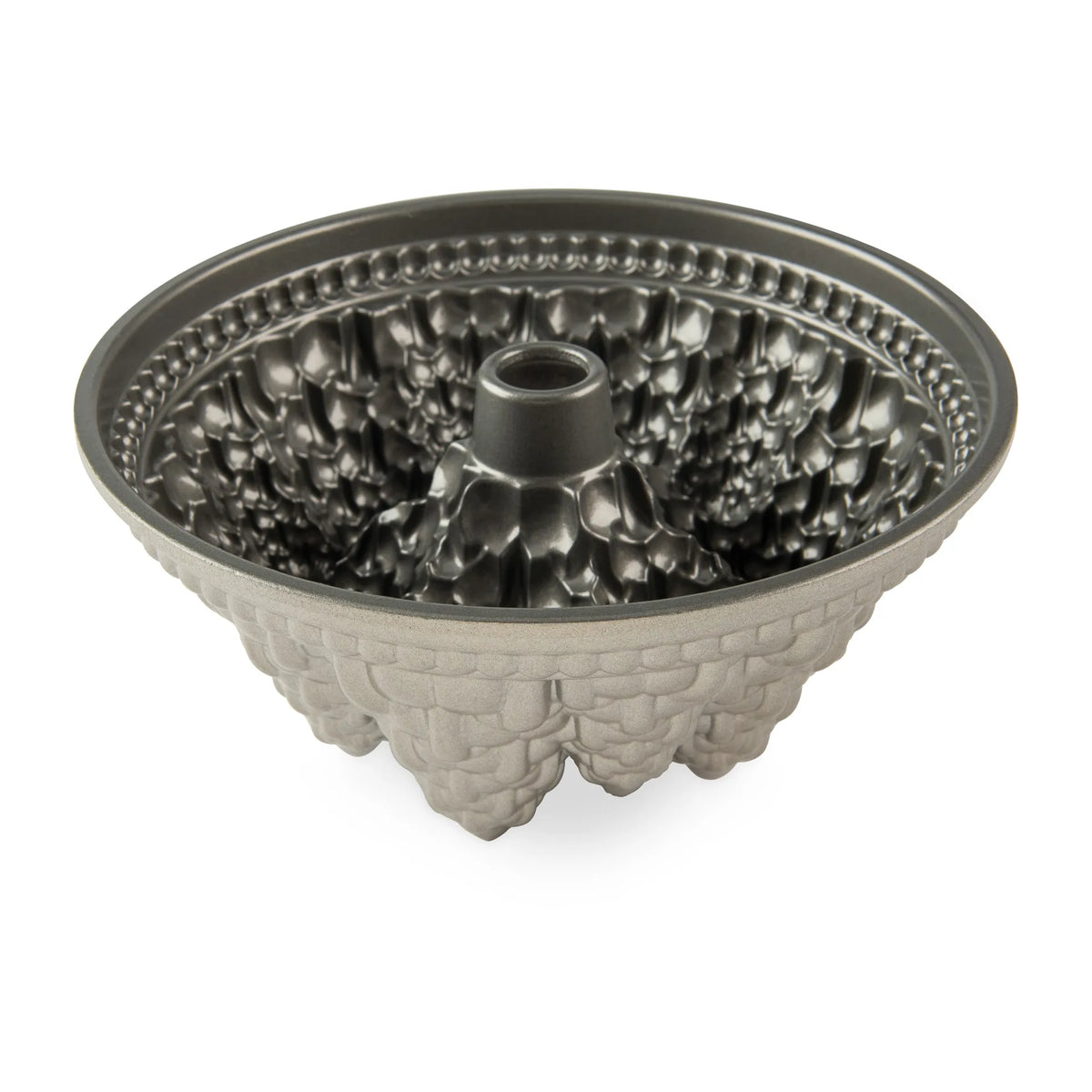 Silver Pine Forest Bundt Pan showing detailed pinecone and pine needle pattern inside and out