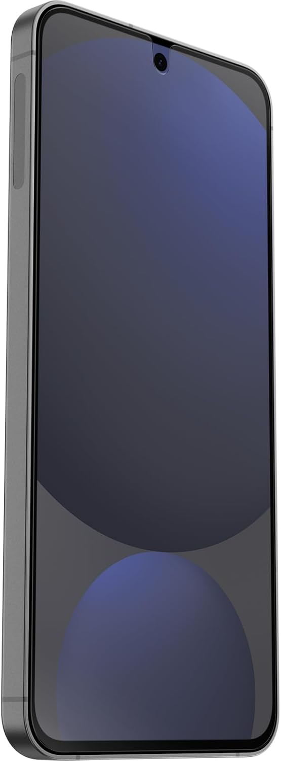 Samsung Galaxy 24 with Otterbox glass protector showing front screen and side buttons in close-up angle.