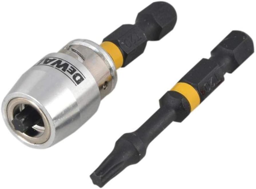 Two DeWalt 50mm PZ2 impact torsion bits with yellow bands and a silver magnetic screwlock sleeve.
