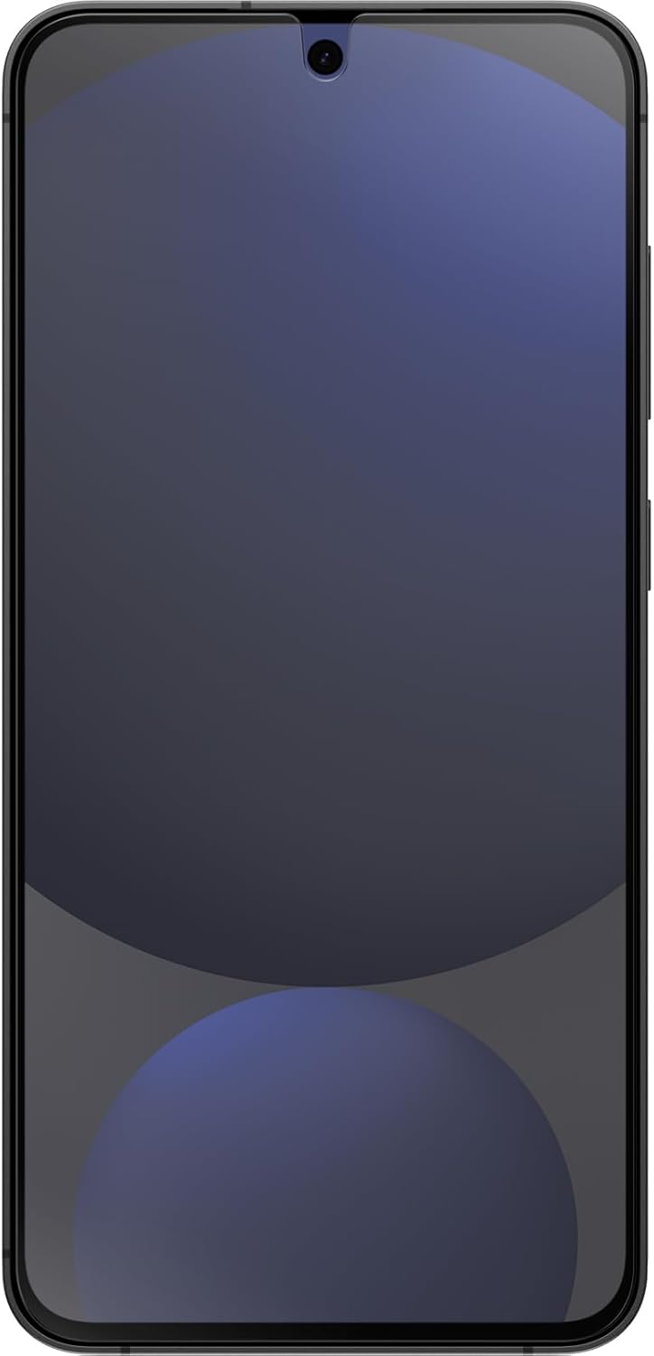 Samsung Galaxy 24 smartphone with Otterbox glass screen protector applied, front view with black frame