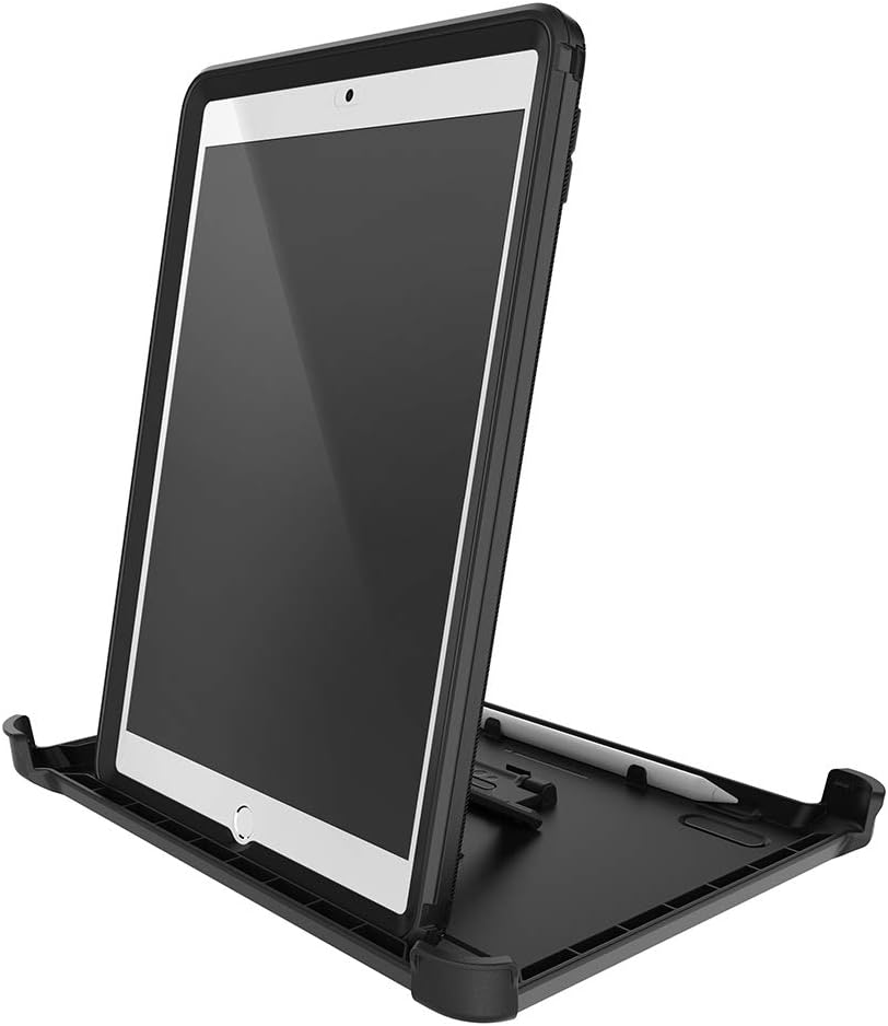 Black OtterBox Defender case for iPad 10.2-inch with built-in stand and pencil holder, front view.