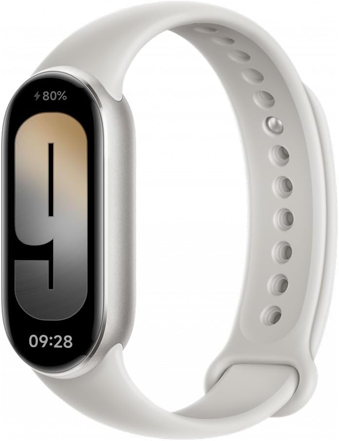Xiaomi Smart Band 9 Titan Grey with white strap, showing 1.62-inch AMOLED display with time and battery level.