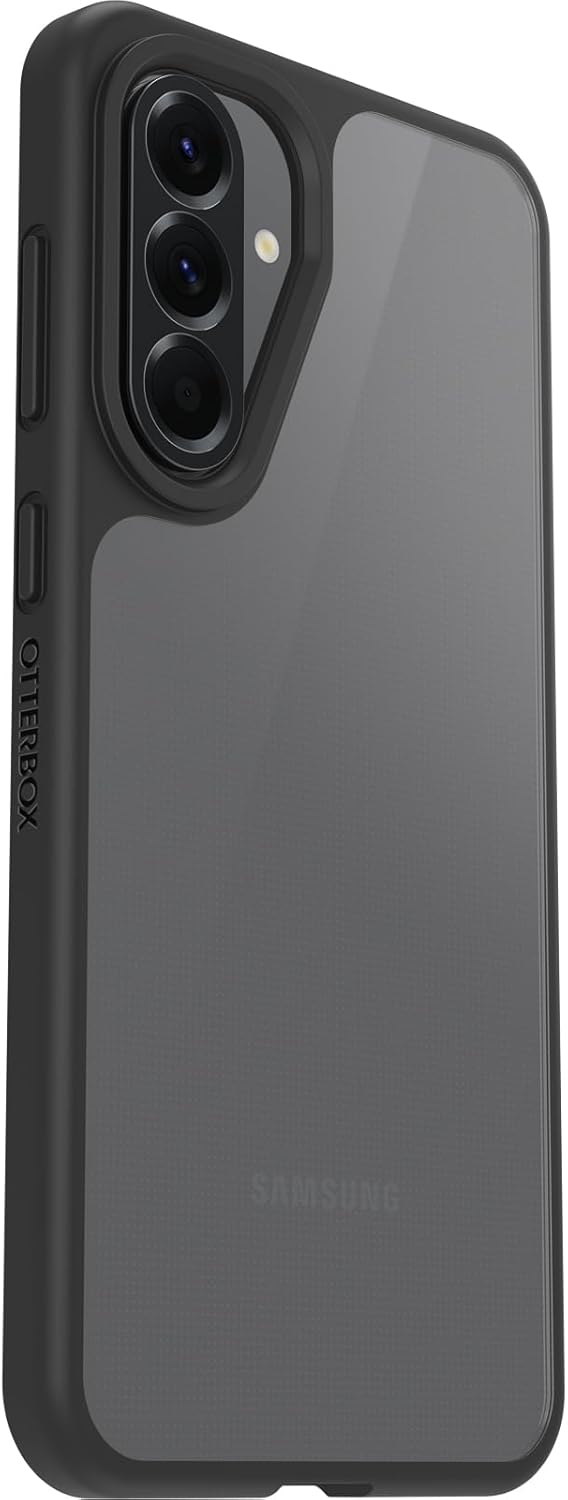 Otterbox React black case on Samsung Galaxy A56 5G showing rear camera cutout and side buttons