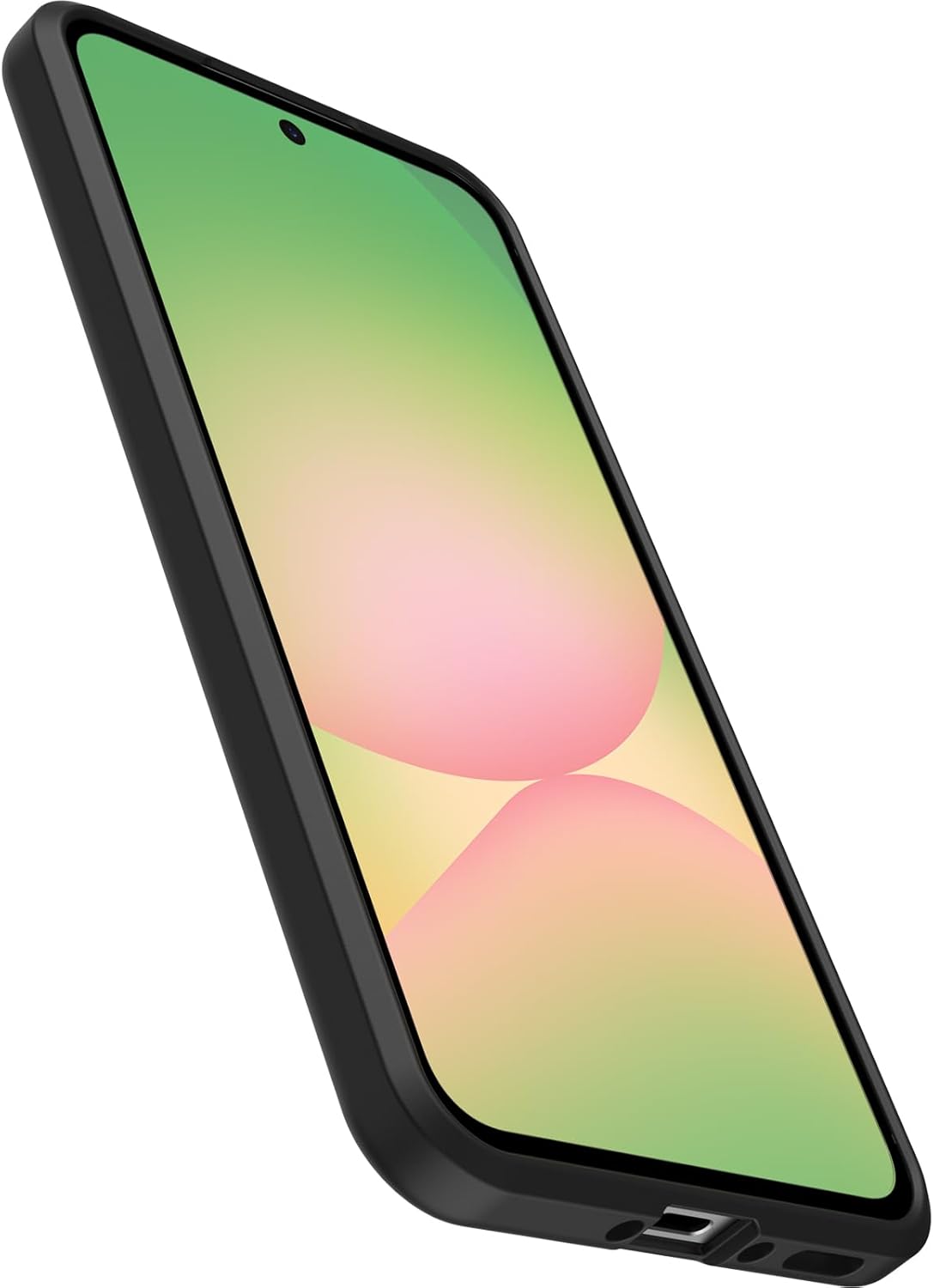 Samsung Galaxy A56 5G in black Otterbox React case showing front screen and bottom charging port cutout.