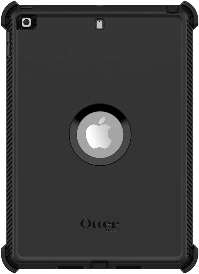 Black OtterBox Defender case showing back with Apple logo cutout and camera opening for iPad 10.2-inch.