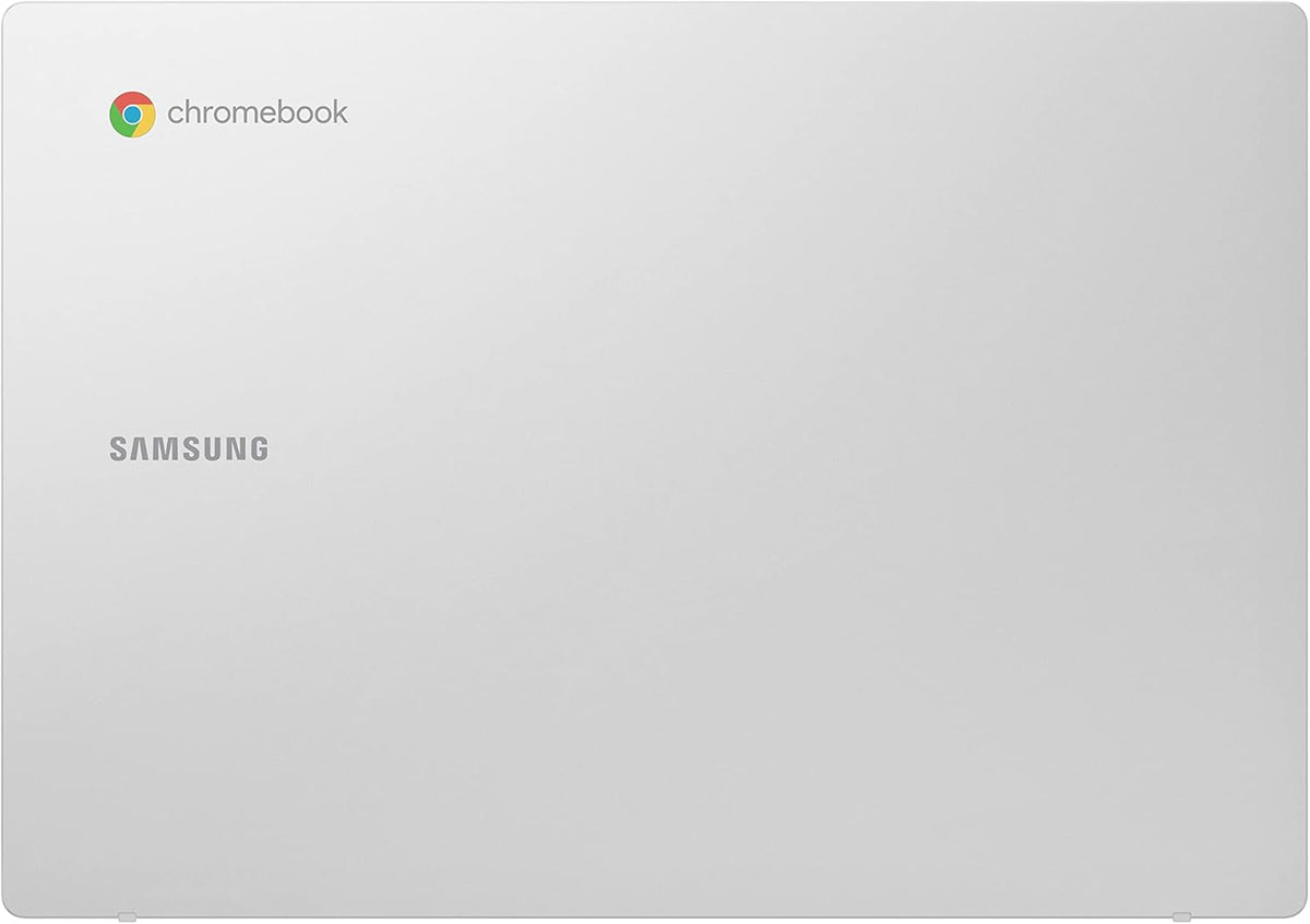 Silver Samsung Chromebook Go 11.6 inch closed top view with Samsung and Chrome logos visible
