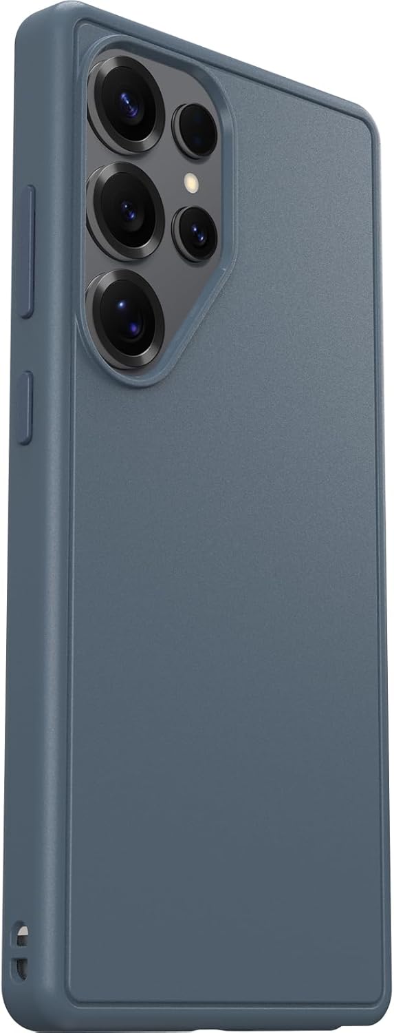 Blue OtterBox Symmetry Series case with camera cutout for Samsung Galaxy S25 Ultra, angled rear view.